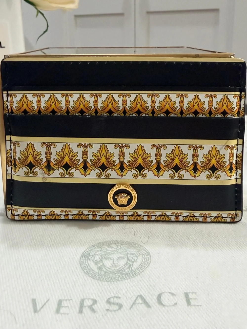 Versace Barocco Print Leather Gold Medusa Head Card Case Holder + dust bag